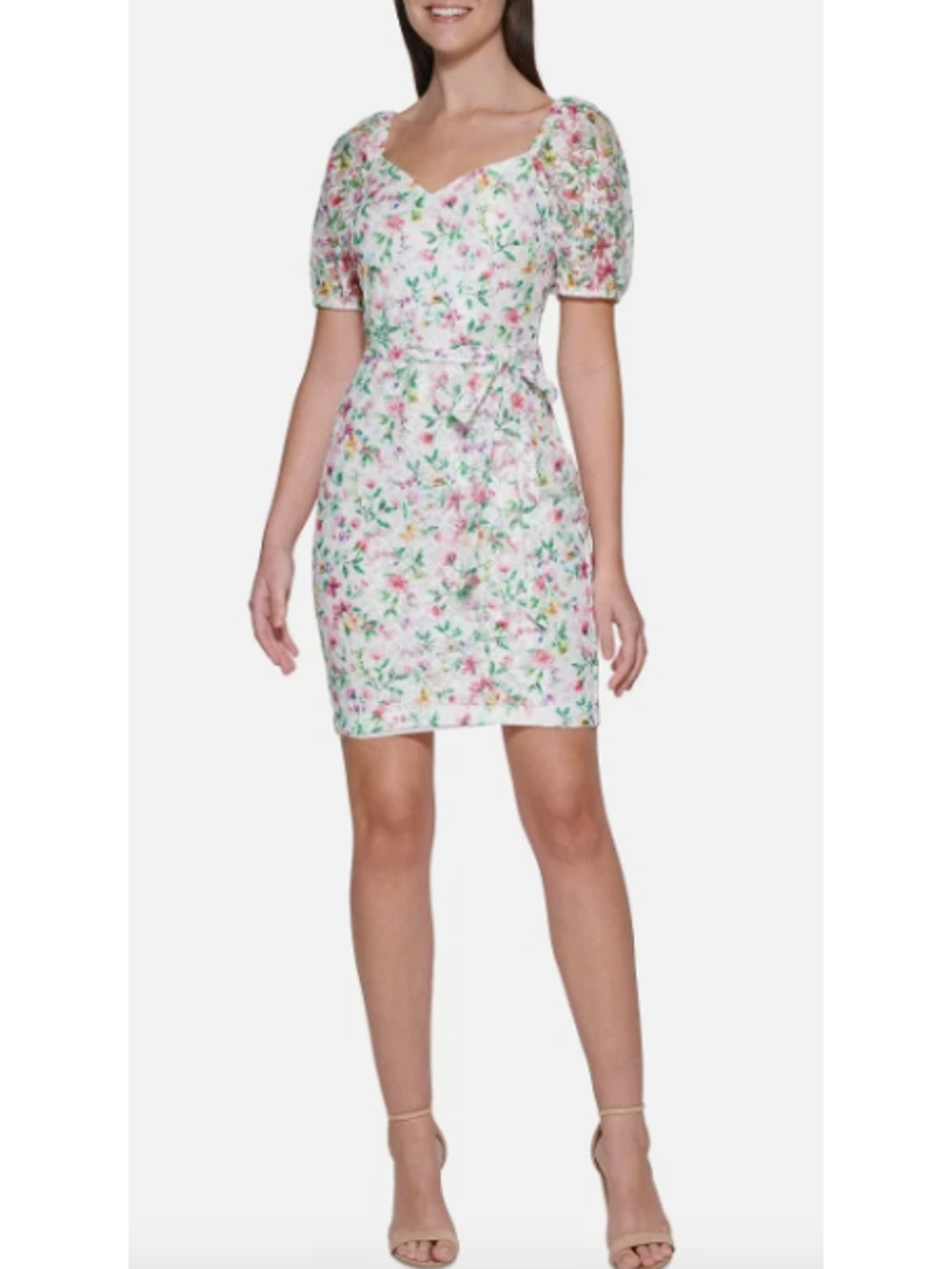 GUESS Women’s Floral Printed Lace Puff-Sleeve Mini Sheath Dress White Multi 10